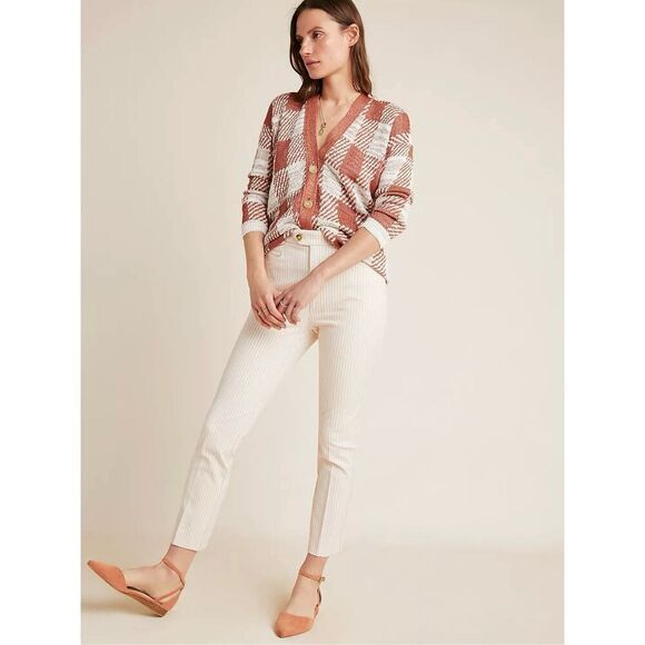 Anthropologie Women’s 8 Cream/Red Pinstripe The Essential Slim Trousers - Picture 1 of 10
